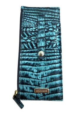 Brahmin Credit Card Wallet Teal Blue Green Embossed Patina Melbourne Leather HTF